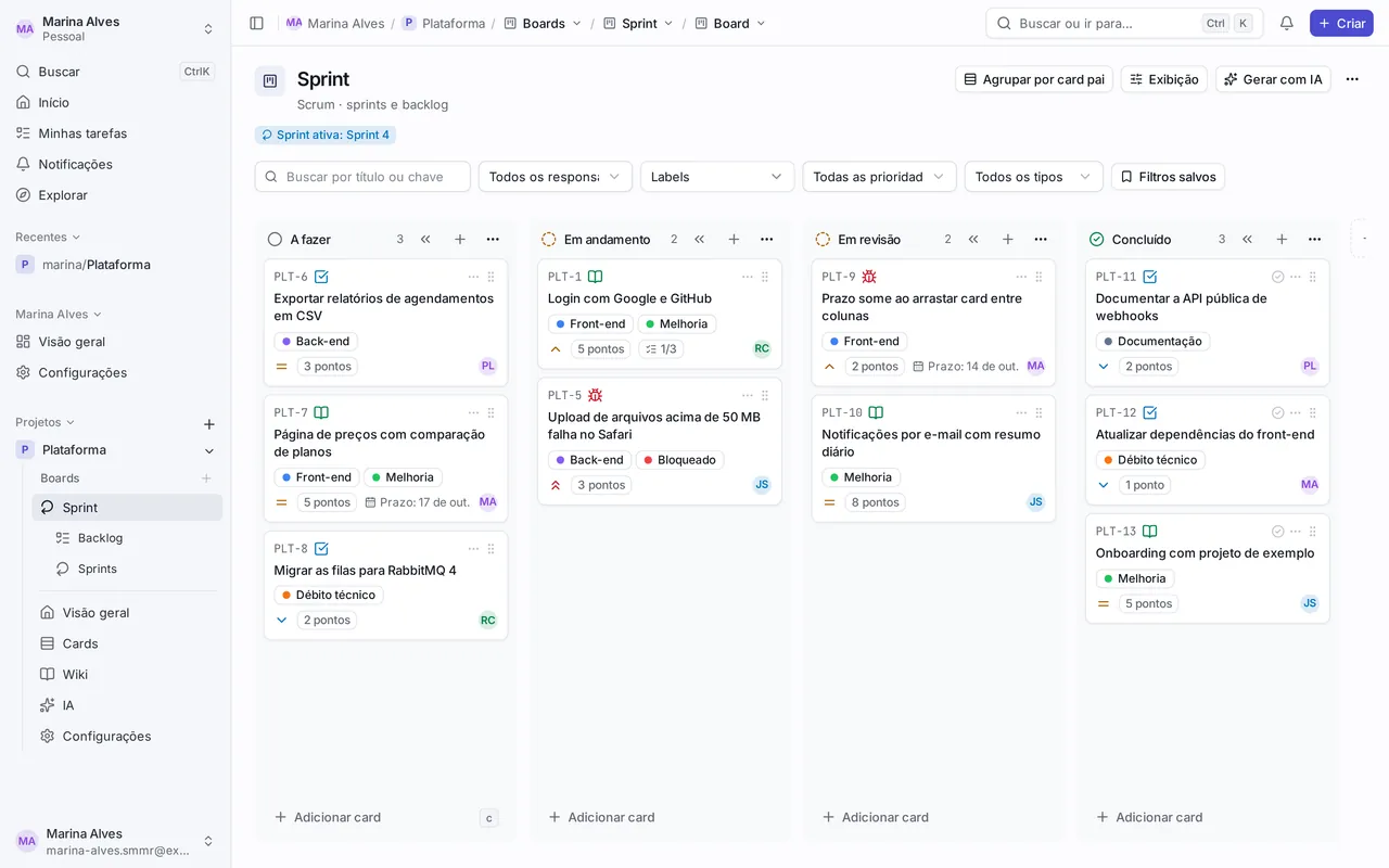 Board do KrakenDock com a sprint em andamento: cards por coluna, com responsáveis, labels e estimativas